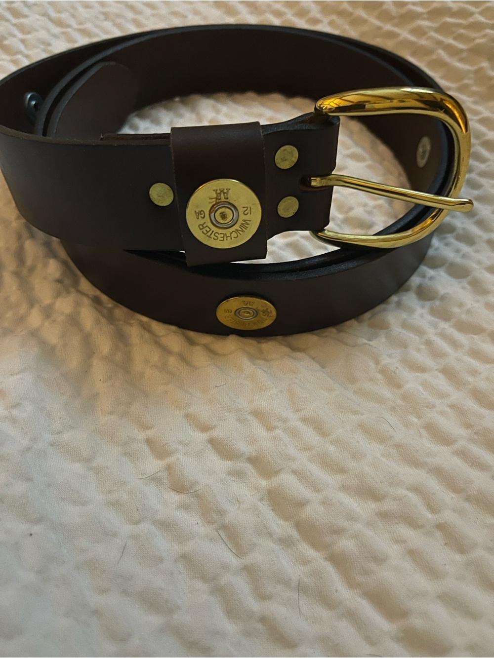 Winchester 12 gauge shotgun shell Men's Brown Leather Belt with Brass Buckle